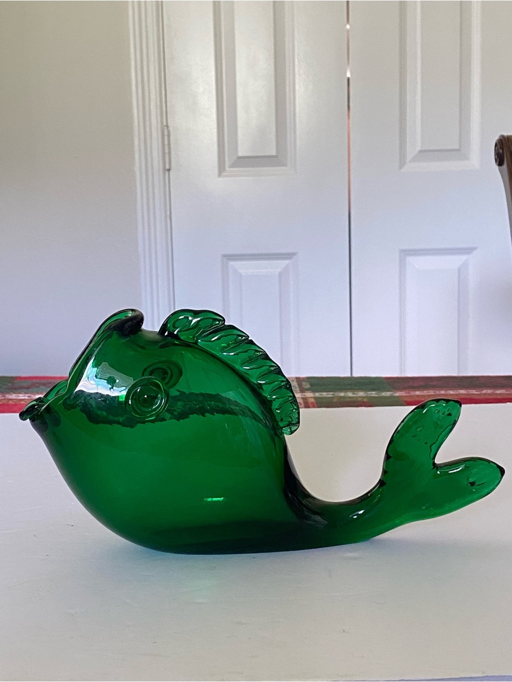 Vintage Green Glass Fish Figurine Open Mouth Bass Fish Decorative Accent